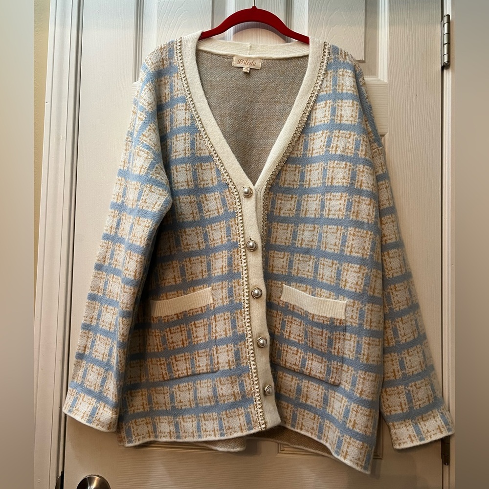 Listicle Blue and Cream Plaid Cardigan